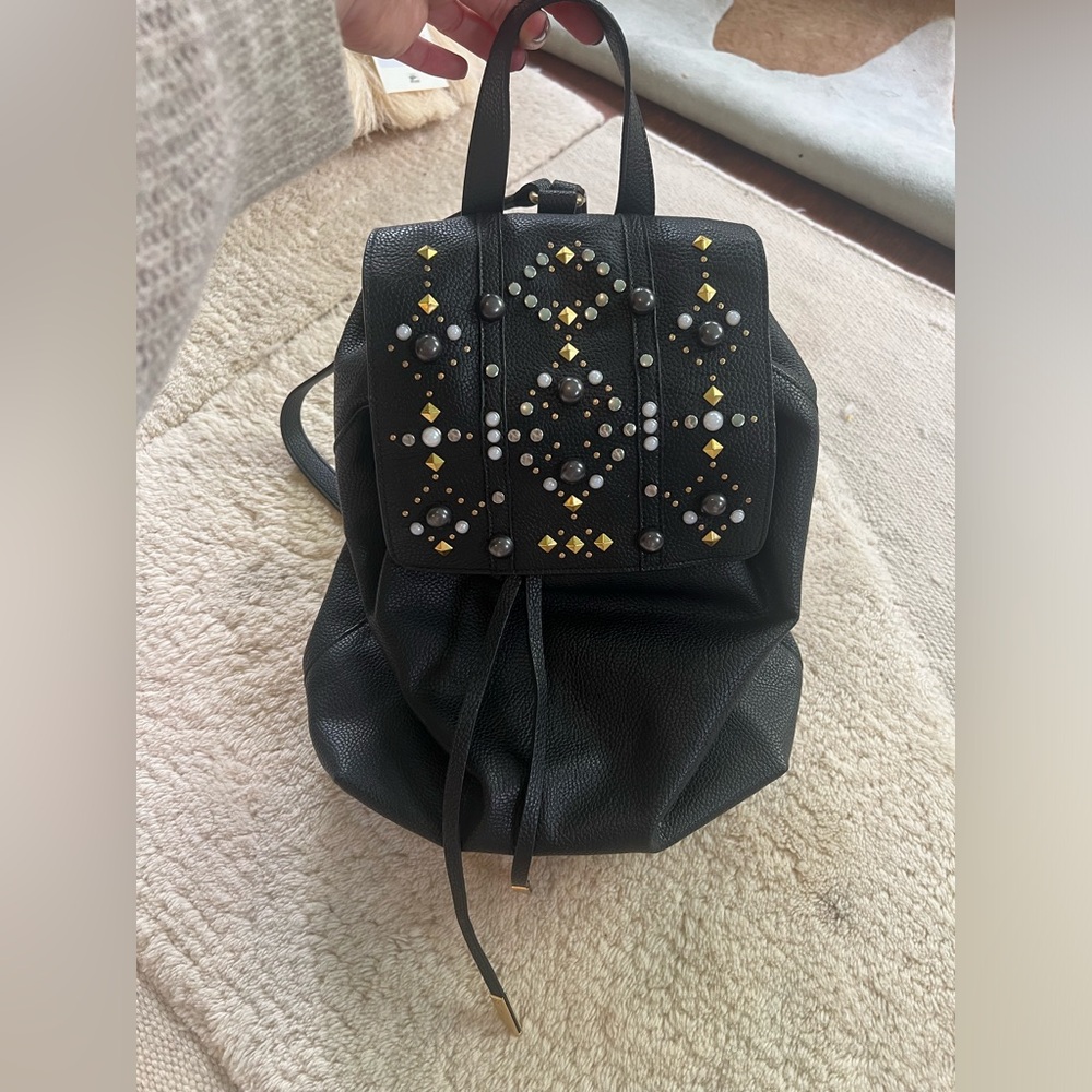Foley + Corinna Black Faux Leather small backpack Anthropologie gold silver stud